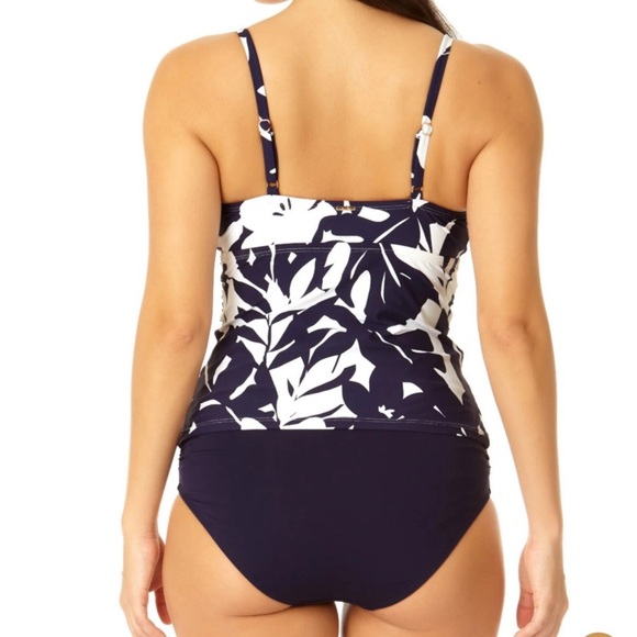 NEW Anne Cole V-Wire Tankini Swim Top XL Navy Blue White Coastal Palms Print - Picture 2 of 10